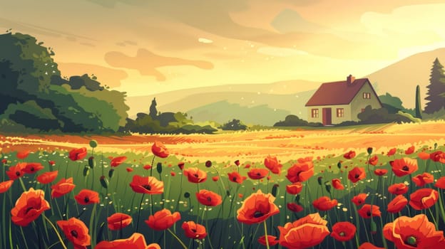 Beautiful sunset over vibrant poppy field with traditional house and blooming red flowers in nature landscape illustration for travel and art lovers