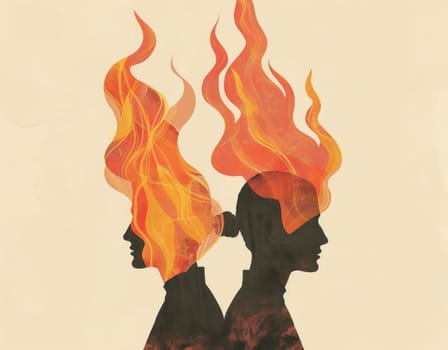 Innovative concept of human emotions with fire silhouettes on white background for creative projects