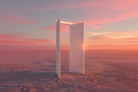 Desolate desert landscape an open door leading to a pink sky in the middle of nowhere