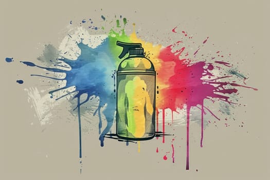 Colorful spray can splattering paint on beige background artistic studio tool for creative design and diy projects