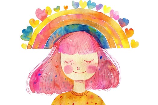 Happy girl with rainbow hat and hearts, watercolor drawing in artistic style for creative projects and design inspirations