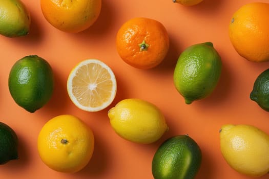 Colorful citrus fruits on vibrant orange background for fresh and healthy lifestyle concept