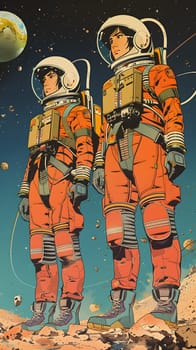 A painting showing two astronauts in their space helmets and sports gear standing side by side in a military uniform gesture with military camouflage