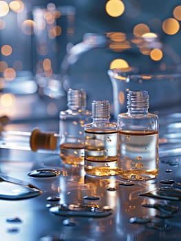 Close-up of three glass bottles filled with serums, droplets scattered on a laboratory table.