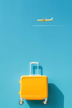 Travel essentials suitcase and airplane flying in a blue sky with bright yellow background