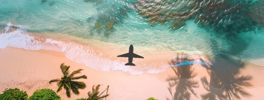 Aerial view of airplane flying over beautiful tropical beach with palm trees and waterfalls in background, travel paradise concept