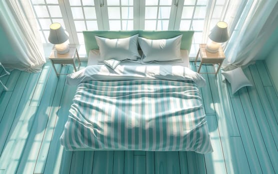 Comfortable bed with striped blanket and pillows in a cozy bedroom with blue walls for relaxing atmosphere