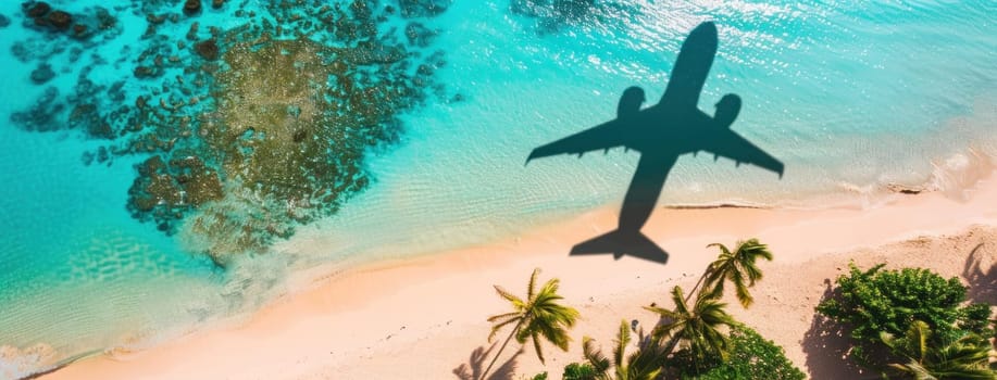 Traveling adventure airplane's shadow casts on sandy beach with crystal turquoise water background coastal dream destination summer vacation getaway sunlight sky shadow reflection beach sand