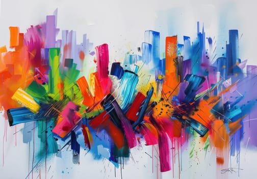 Colorful abstract painting of city skyline with vibrant splatters urban artwork for modern travel and creativity concept