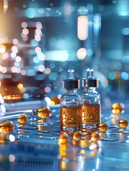 Two glass bottles with serums and droplets on a laboratory table with scientific equipment in the background.