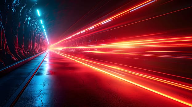 A neonlit train travels through a tunnel, emitting vibrant magenta and electric blue lights, creating a colorful visual effect reminiscent of a futuristic sky