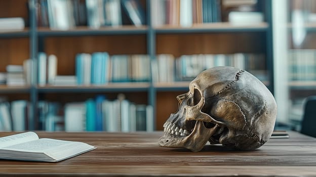 A human skull replica rests on a polished wooden desk, with an open book beside it, against the backdrop of a bookshelf filled with various books - Generative AI