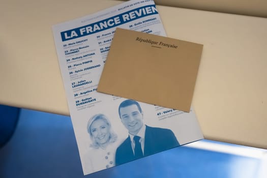 PARIS, FRANCE - JUNE 09, 2024: Ballots with the names of candidates for the European elections Marine Le pen et Jordan Bardella