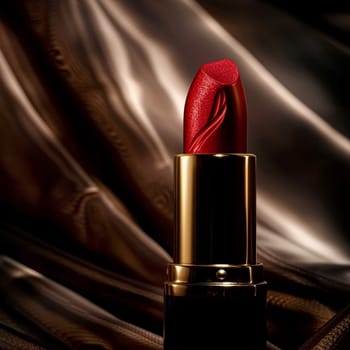 Luxurious red lipstick set against a background of rich, silky fabric, beauty and make-up cosmetic product idea