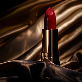 Luxurious red lipstick set against a background of rich, silky fabric, beauty and make-up cosmetic product idea