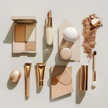 Make-up cosmetic product, beauty products and cosmetics swatch sample flatlay, various makeup brand tools as glamour fashion night out background idea