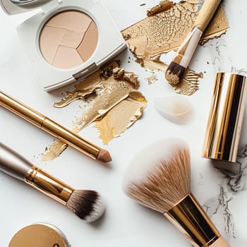 Make-up cosmetic product, beauty products and cosmetics swatch sample flatlay, various makeup brand tools as glamour fashion night out background idea