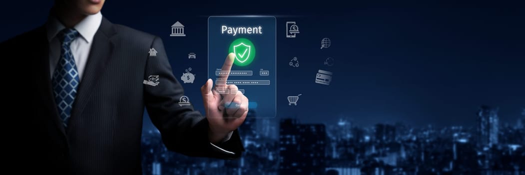 Business person initiates an online payment transaction, showcasing secure and efficient methods. Learn the best practices for safe online payment transactions. FaaS