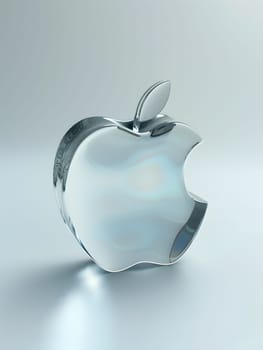 An electric blue glass apple with a bite missing, resting on a white surface, resembling a piece of art made of liquid drinkware and fruitinspired jewelry