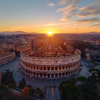 A breathtaking aerial view of the Colosseum at sunset, with the vibrant colors of the sky reflecting on the water resources nearby, creating a stunning urban design in the city landscape