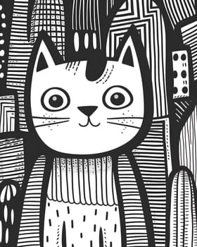 A blackandwhite cartoon photograph of a cat with a crown on its head, depicted in a stylish line art font style