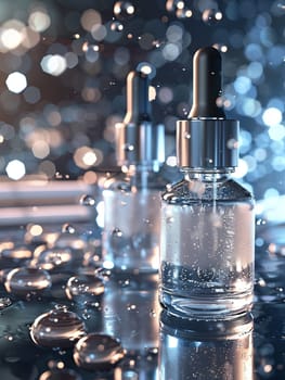 Close-up of glass bottles containing serums with droplets on a lab surface.