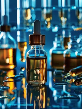 A close-up shot of a glass serum bottle with a dropper, surrounded by other bottles and lab tools.