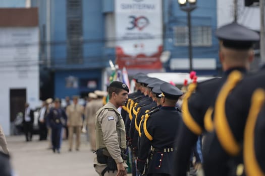 salvador, bahia, brazil - february 1, 2024: Honor guard members of the Bahia Military Police are seen during a parade in the city of Salvador.