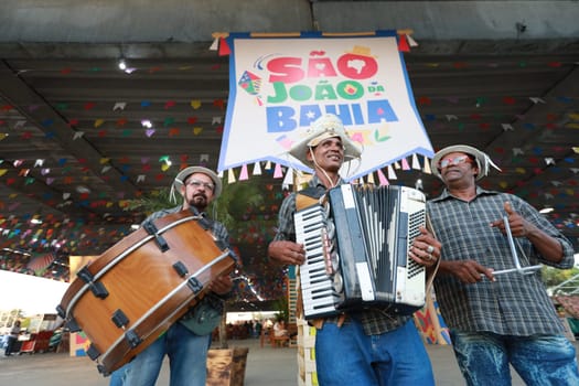 salvador, bahia, brazil - may 28, 2024: Members of a forró band are seen during a performance during the Sao Joao celebrations, in the city of Salvador.