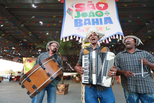 salvador, bahia, brazil - may 28, 2024: Members of a forró band are seen during a performance during the Sao Joao celebrations, in the city of Salvador.