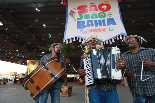 salvador, bahia, brazil - may 28, 2024: Members of a forró band are seen during a performance during the Sao Joao celebrations, in the city of Salvador.