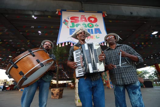 salvador, bahia, brazil - may 28, 2024: Members of a forró band are seen during a performance during the Sao Joao celebrations, in the city of Salvador.