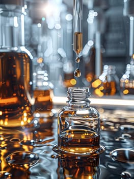 Close-up of glass bottles filled with serum in a laboratory setting.