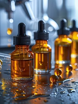 Close-up of glass bottles filled with amber serums in a laboratory setting.