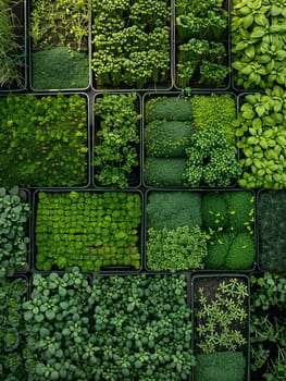 An overhead view of a microgreen farm showcasing various types of microgreens growing in rows of trays.