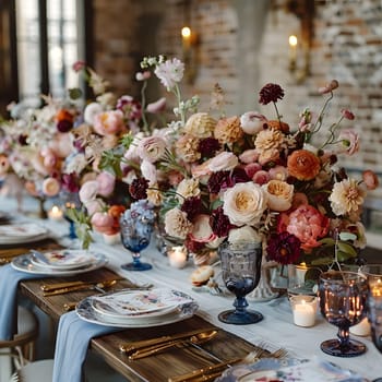 A beautifully set table with porcelain plates, elegant glassware, candles, and a vase of fresh flowers creating a lovely atmosphere