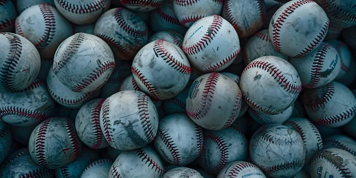 a pile of baseballs sitting on top of each other on a table . High quality