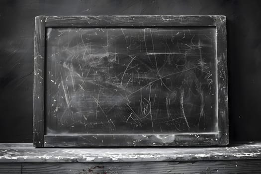 A rectangular blackboard with grey tints and shades is placed on a wooden table in front of a monochrome background. The font is written in black, creating a contrast against the darkness