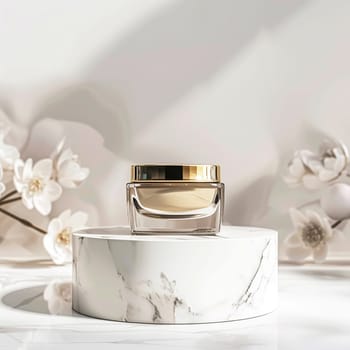 Face cream in a glass jar on a white and gold background. Skin care concept. Backdrop for beauty cosmetic products