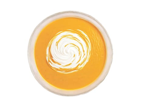 Autumn harvest butternut squash soup with a swirl of sour cream served in a transparent. Food isolated on transparent background.