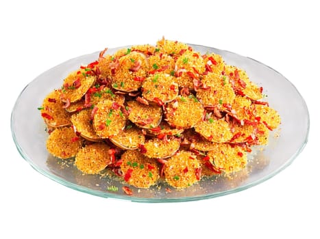 Clams Casino with bacon bell pepper and breadcrumbs served on a transparent glass dish classic. Food isolated on transparent background.