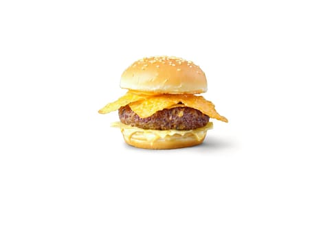 Slider with potato chips mini burger with crispy potato chips cheddar cheese and aioli. Food isolated on transparent background.