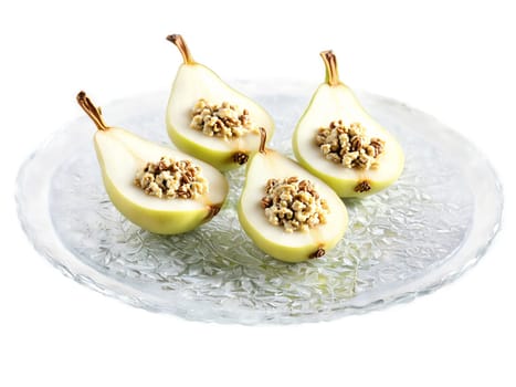 Canapes pear gorgonzola and walnut on endive leaves served on a transparent glass tray crunchy. Food isolated on transparent background.