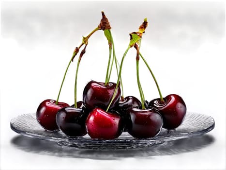 Cherries fresh and pitted served on a transparent glass plate dark and luscious. Food isolated on transparent background.