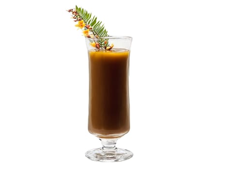 Tamarind Juice Tangy tamarind juice in a tall slim glass tamarind pods and tropical flowers. Drink isolated on transparent background.