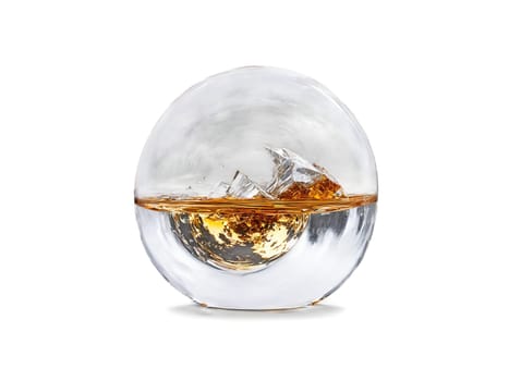 A futuristic glass orb enclosing a swirling galaxy of whiskey and ice floating on. Drink isolated on transparent background.