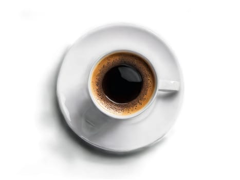 Double espresso in a unique square glass intense coffee stream high contrast hero shot. Drink isolated on transparent background.