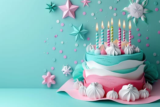 Birthday cake with candles in paper cut style on turquoise background.