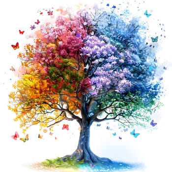 A painting of a tree depicting four seasons with butterflies fluttering around. The artwork showcases the beauty of nature with vibrant flowers and lush green grass