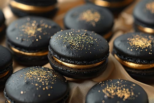 Black macaroons with golden macaroon filling, macaroon background.